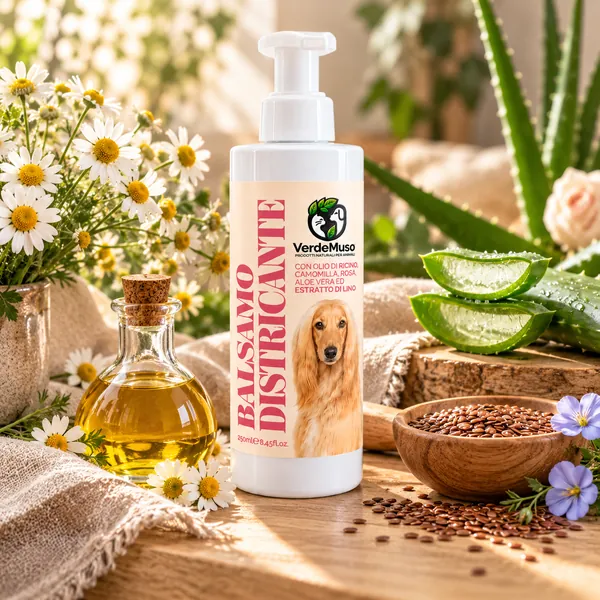 Balsamo Districante VerdeMuso 250 ml con fiori di camomilla, olio di ricino, aloe vera e semi di lino