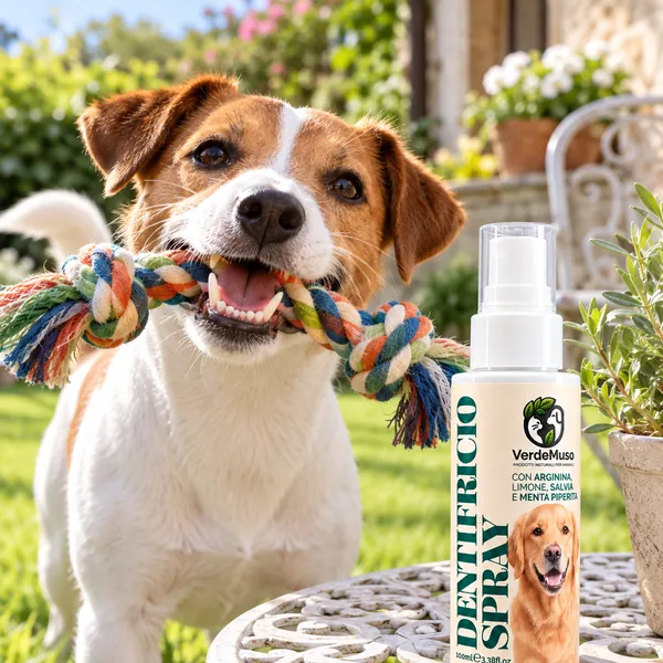 Jack Russell in giardino con una corda tra i denti accanto al Dentifricio Spray VerdeMuso