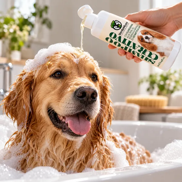 Cane durante il bagno con lo Shampoo VerdeMuso in primo piano