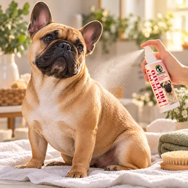 Cane sul divano mentre viene profumato con l'Eau de Pet VerdeMuso