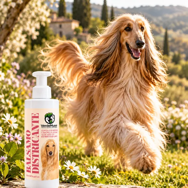 Cane a pelo lungo con il manto pettinato accanto al Balsamo Districante VerdeMuso