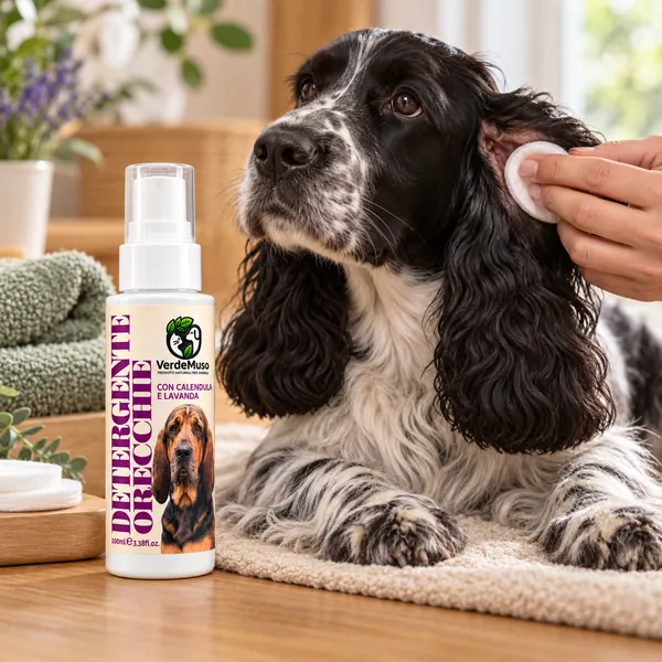 Pulizia delicata delle orecchie di un cane con il Detergente Orecchie VerdeMuso