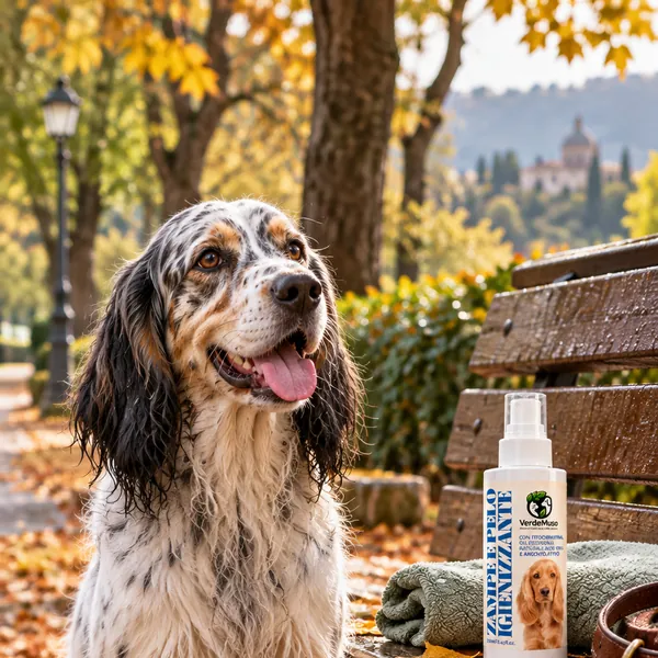 Cane seduto nel parco in autunno accanto allo Spray Zampe e Pelo VerdeMuso