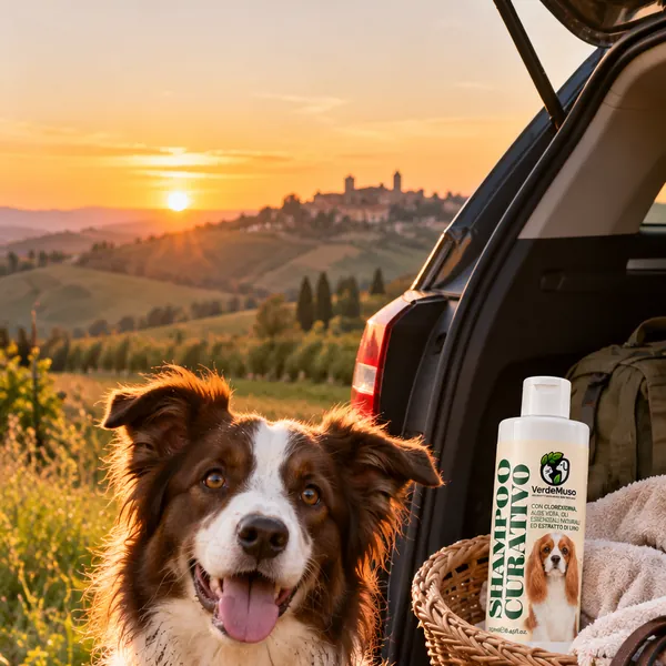 Cane al rientro dalla passeggiata con lo Shampoo VerdeMuso pronto per la pulizia