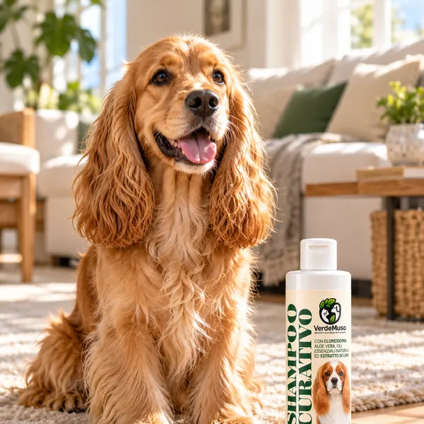 Cane dal pelo lucido accanto allo Shampoo VerdeMuso