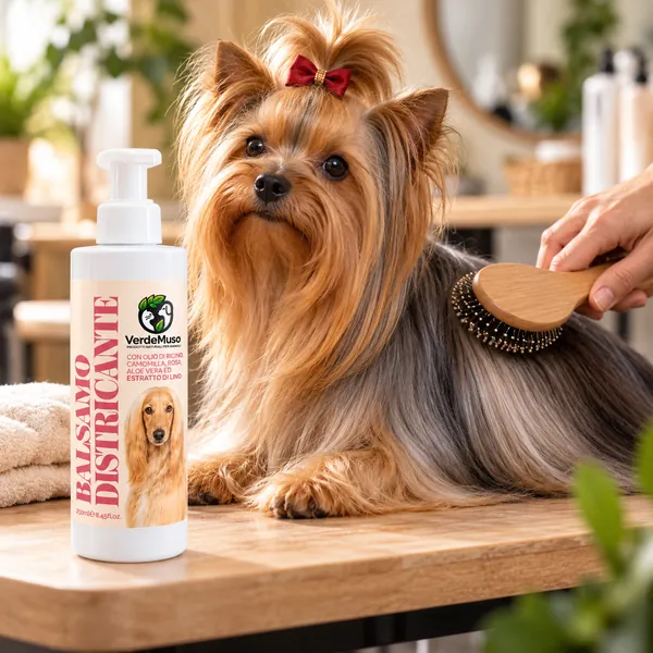 Spazzolatura del pelo di un cane accanto al Balsamo Districante VerdeMuso