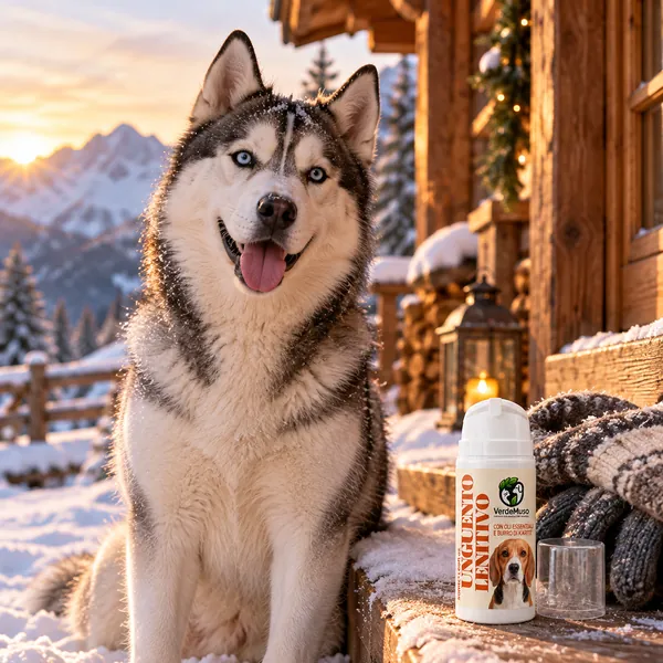 Cane in uno chalet d'inverno accanto all'Unguento Lenitivo VerdeMuso per le zampe