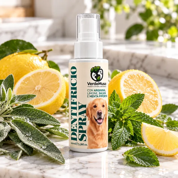 Dentifricio Spray VerdeMuso 100 ml tra limoni, salvia e menta fresca su marmo