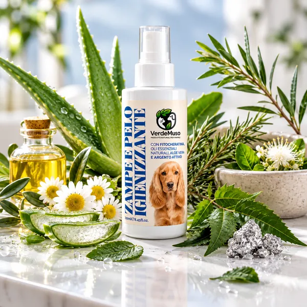 Spray Zampe e Pelo VerdeMuso 250 ml tra aloe vera, oli essenziali, fiori e foglie di neem